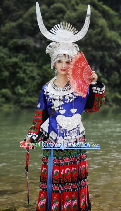 Chinese Traditional Xiangxi Miao Nationality Embroidered Deep Blue Dress Ethnic Folk Dance Costume and Headpiece for Women