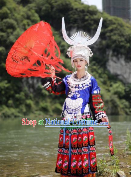 Chinese Traditional Xiangxi Miao Nationality Embroidered Deep Blue Dress Ethnic Folk Dance Costume and Headpiece for Women