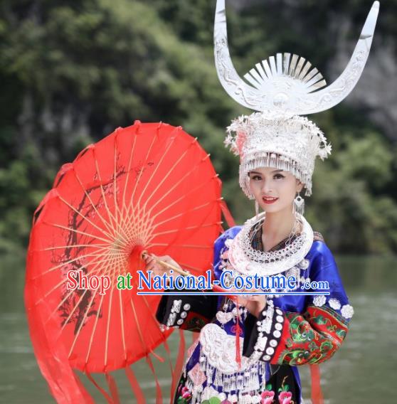 Chinese Traditional Xiangxi Miao Nationality Embroidered Deep Blue Dress Ethnic Folk Dance Costume and Headpiece for Women