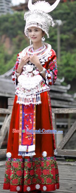 Chinese Traditional Miao Nationality Festival Embroidered Red Dress Ethnic Folk Dance Costume and Headpiece for Women