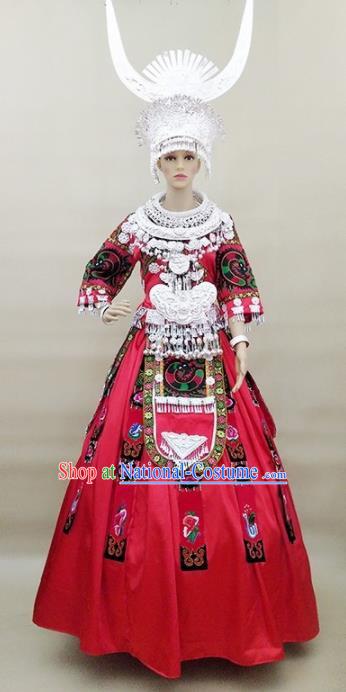 Chinese Traditional Miao Nationality Festival Rosy Dress Ethnic Folk Dance Costume and Headpiece for Women