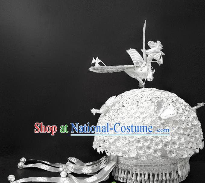 Chinese Traditional Handmade Miao Nationality Silver Phoenix Hair Crown Ethnic Wedding Hat Hair Accessories for Women