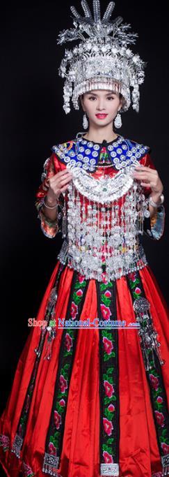 Chinese Traditional Miao Nationality Wedding Red Blouse and Dress Ethnic Folk Dance Costumes and Headpiece for Women