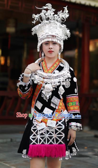 Chinese Traditional Miao Nationality Embroidered Black Short Dress Ethnic Folk Dance Costume for Women