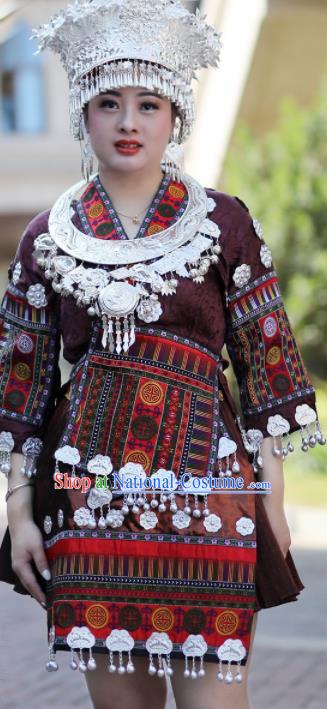 Chinese Traditional Miao Nationality Embroidered Brown Short Dress Ethnic Folk Dance Costume for Women