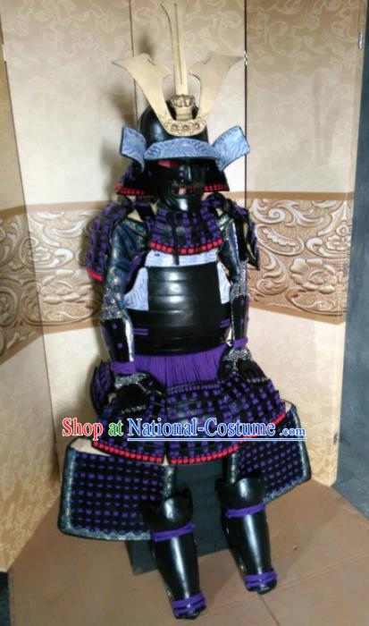 Japanese Handmade Traditional Samurai Purple Tassel Body Armor and Helmet Ancient Warrior Costumes for Men