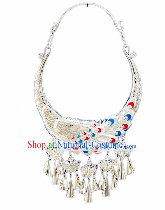 Chinese Handmade Traditional Miao Nationality Sliver Carving Peacock Necklace Ethnic Wedding Bride Accessories for Women