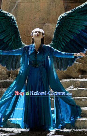 Chinese Ancient Princess of the Winged Tribe Yu Ran Blue Dress Drama Novoland Eagle Flag Replica Costumes and Headpiece for Women