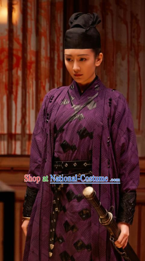 Chinese Ancient Female Swordsman Su Shunqing Purple Dress Drama Novoland Eagle Flag Wang Ou Replica Costumes and Hat for Women