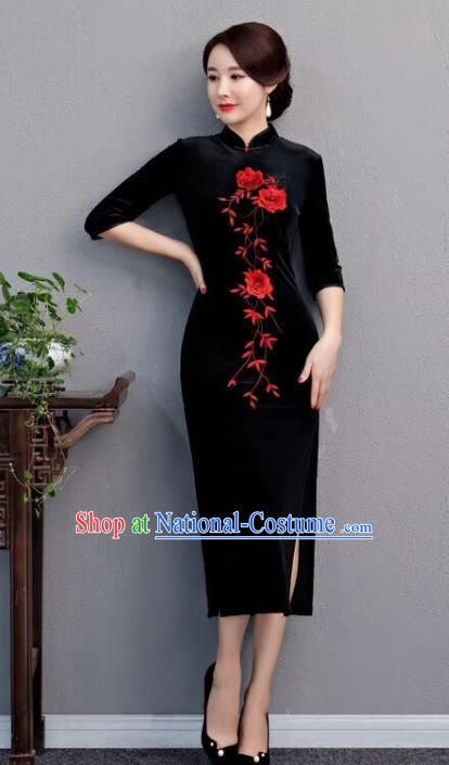 Chinese Traditional Qipao Dress Black Velvet Cheongsam National Costumes for Women