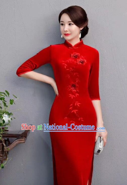 Chinese Traditional Qipao Dress Red Velvet Cheongsam National Costumes for Women