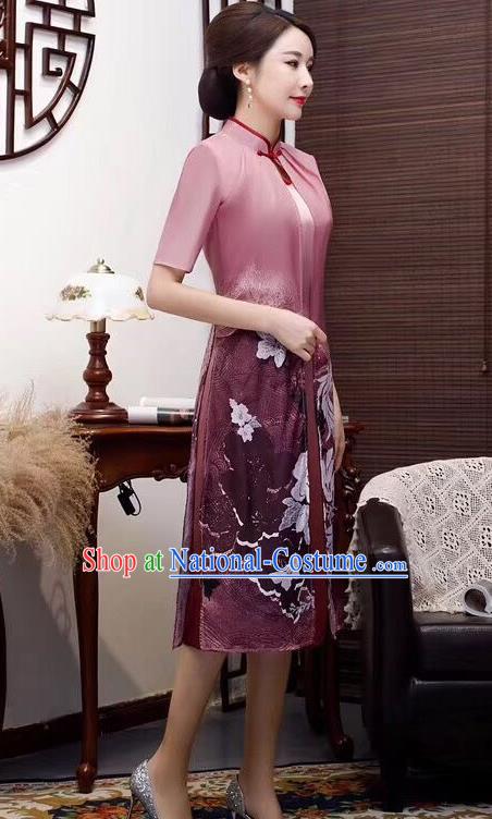 Chinese Traditional Qiapo Dress Bride Mother Deep Pink Cheongsam National Costumes for Women