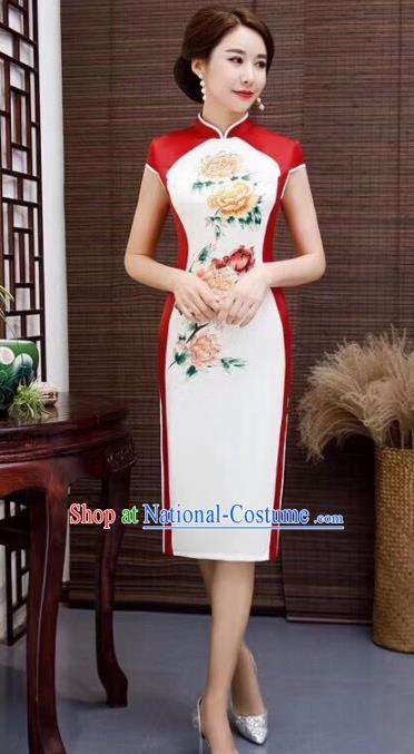 Chinese Traditional Qipao Dress Printing Peony White Cheongsam National Costumes for Women