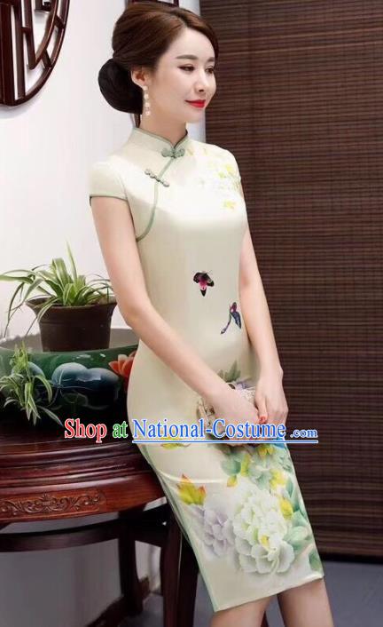 Chinese Traditional Qipao Dress Printing Peony Light Yellow Cheongsam National Costumes for Women