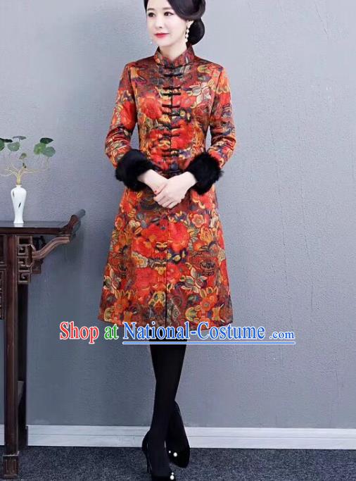 Chinese Traditional Mother Red Coat National Costume Tang Suit Cotton Wadded Jacket for Women