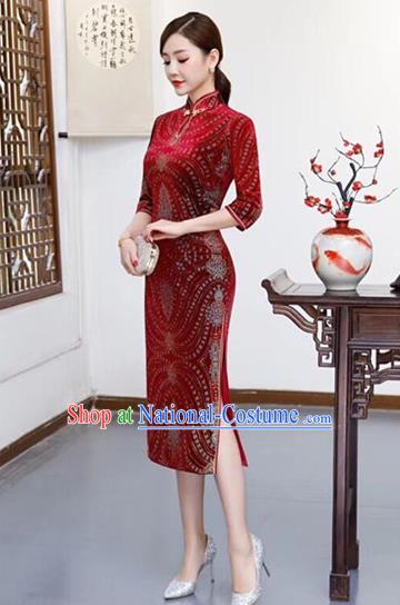 Chinese Traditional Qipao Dress Red Velvet Cheongsam National Costumes for Women