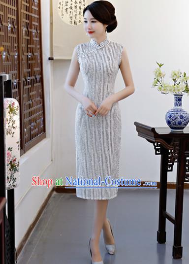 Chinese Traditional Qiapo Dress White Cotton Cheongsam National Costume for Women