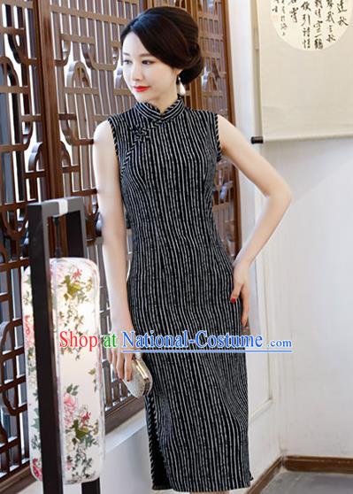 Chinese Traditional Qipao Dress Black Cotton Cheongsam National Costume for Women