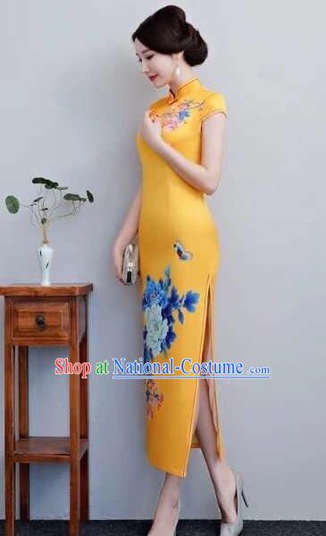 Chinese Traditional Long Qipao Dress Printing Peony Yellow Cheongsam National Costume for Women