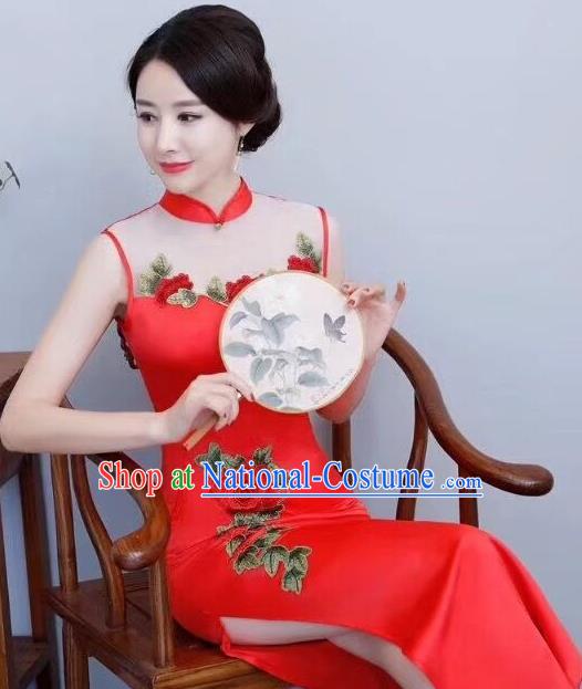 Chinese Traditional Long Qipao Dress Embroidered Red Cheongsam National Costume for Women