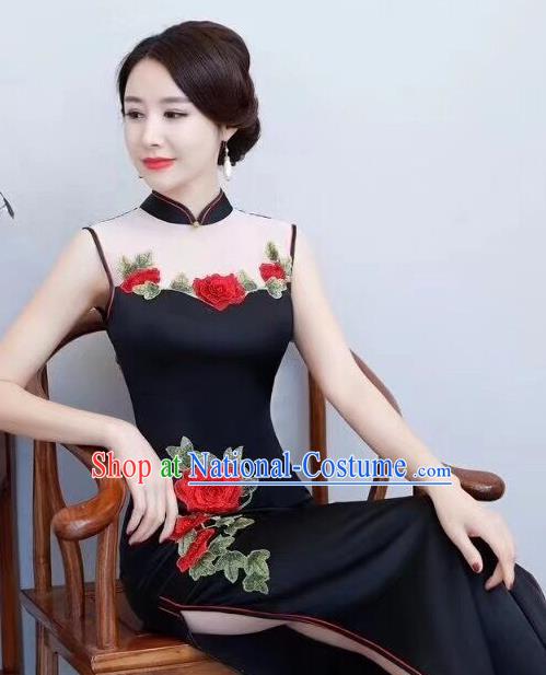 Chinese Traditional Long Qipao Dress Embroidered Black Cheongsam National Costume for Women