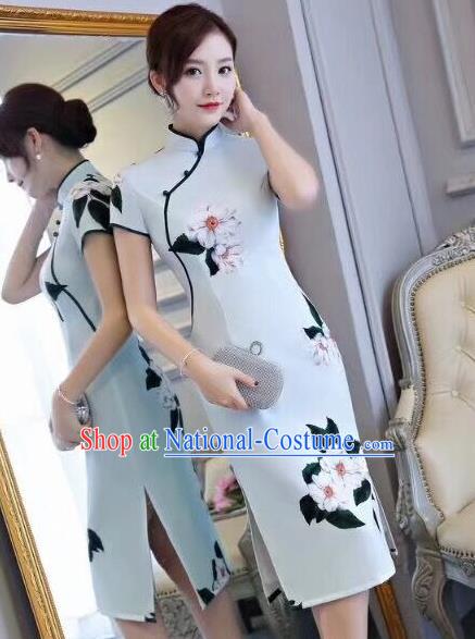 Chinese Traditional Short Qiapo Dress Light Blue Cheongsam National Costume for Women