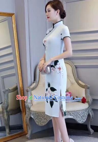 Chinese Traditional Short Qiapo Dress Light Blue Cheongsam National Costume for Women