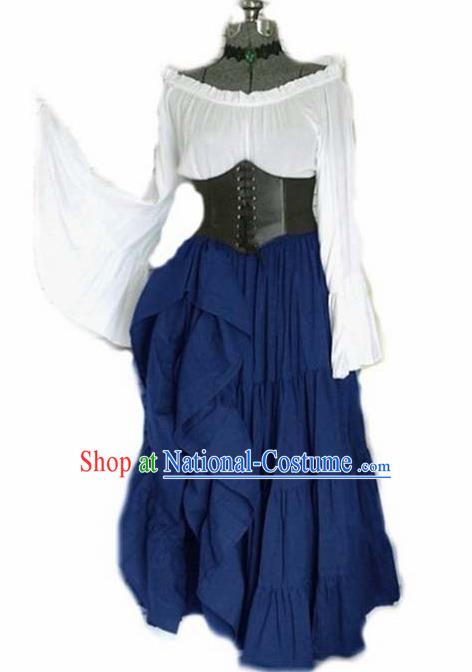 Traditional Europe Middle Ages Renaissance Blue Dress Halloween Cosplay Stage Performance Costume for Women