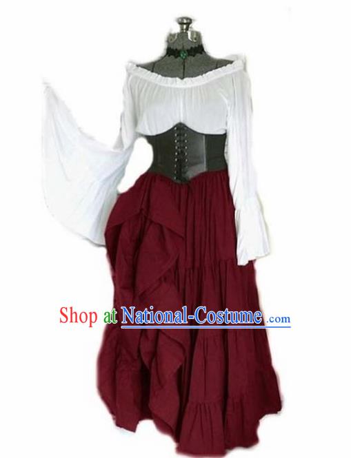 Traditional Europe Middle Ages Renaissance Wine Red Dress Halloween Cosplay Stage Performance Costume for Women