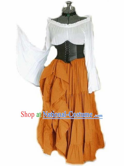 Traditional Europe Middle Ages Renaissance Orange Dress Halloween Cosplay Stage Performance Costume for Women