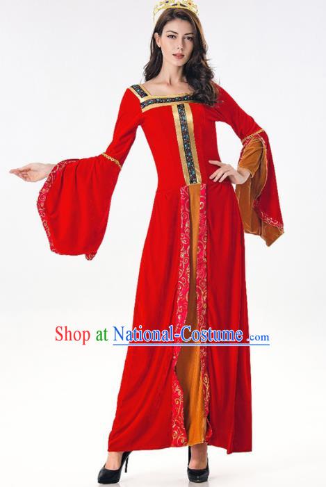 Traditional Europe Middle Ages Princess Red Dress Halloween Cosplay Queen Stage Performance Costume for Women