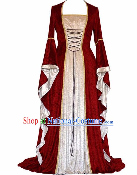 Traditional Europe Middle Ages Countess Red Velvet Dress Halloween Cosplay Stage Performance Costume for Women