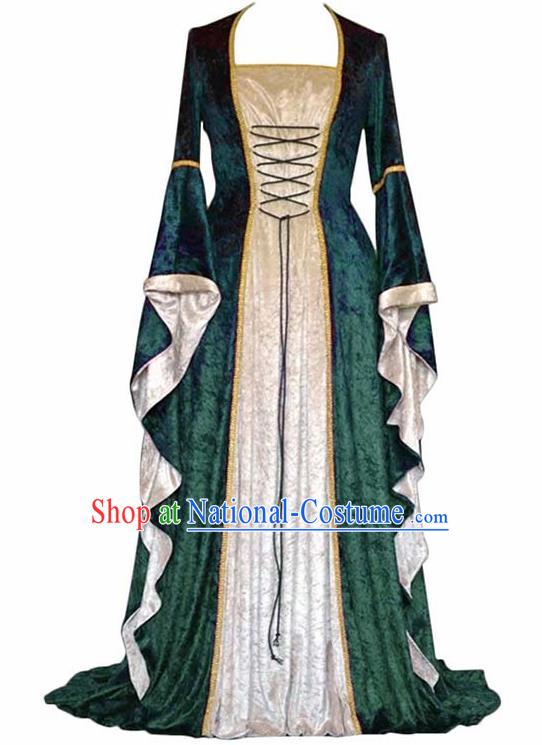 Traditional Europe Middle Ages Countess Green Velvet Dress Halloween Cosplay Stage Performance Costume for Women