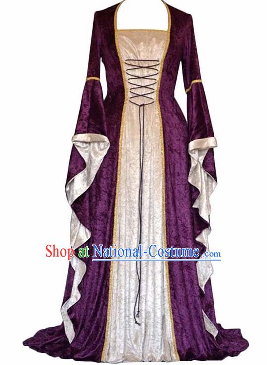 Traditional Europe Middle Ages Countess Purple Velvet Dress Halloween Cosplay Stage Performance Costume for Women