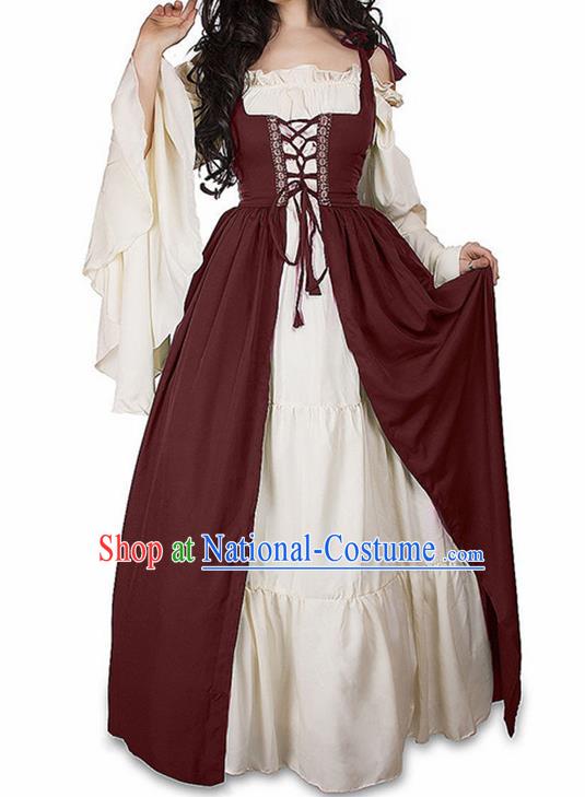 Traditional Europe Middle Ages Farmwife Wine Red Dress Halloween Cosplay Stage Performance Costume for Women