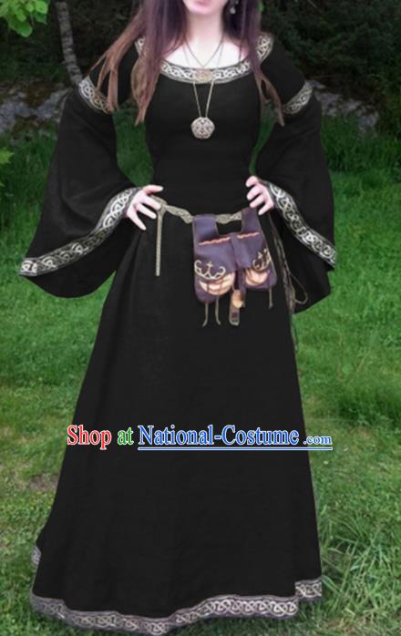 Traditional Europe Middle Ages Civilian Black Dress Halloween Cosplay Stage Performance Costume for Women