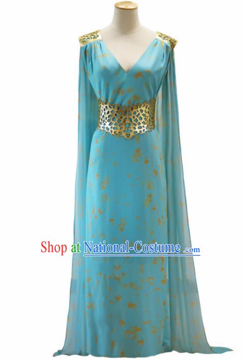 Traditional Europe Middle Ages Queen Blue Dress Halloween Cosplay Stage Performance Costume for Women