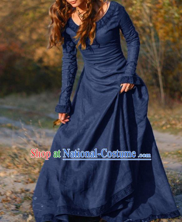 Traditional Europe Middle Ages Female Deep Blue Dress Halloween Cosplay Stage Performance Costume for Women