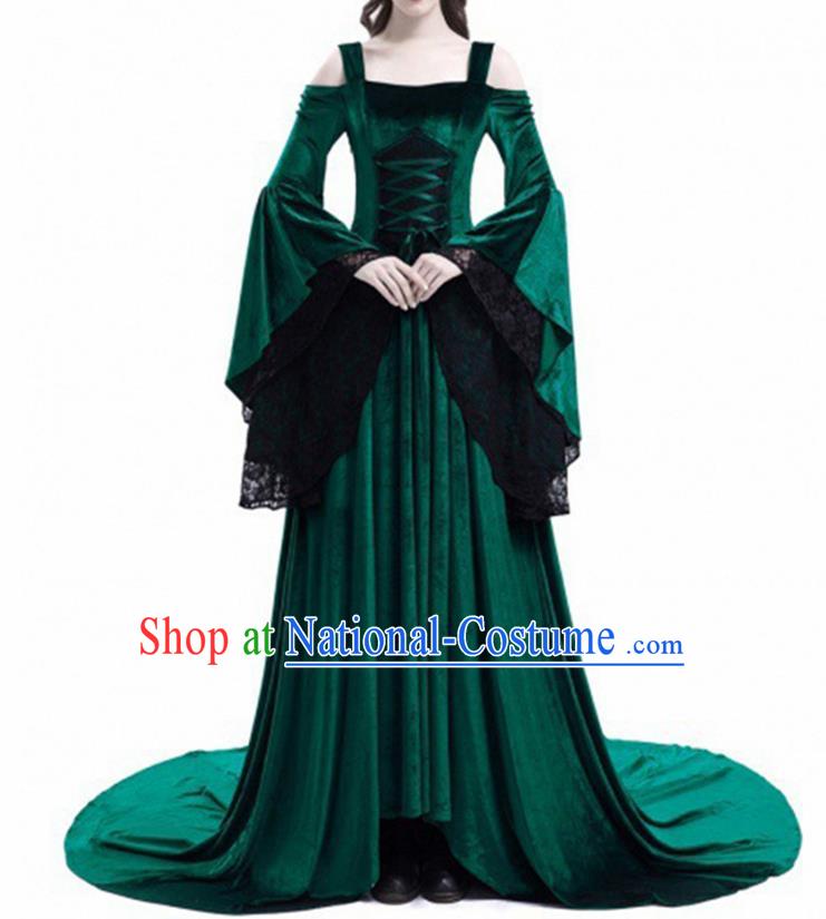 Traditional Europe Middle Ages Court Green Velvet Dress Halloween Cosplay Stage Performance Costume for Women