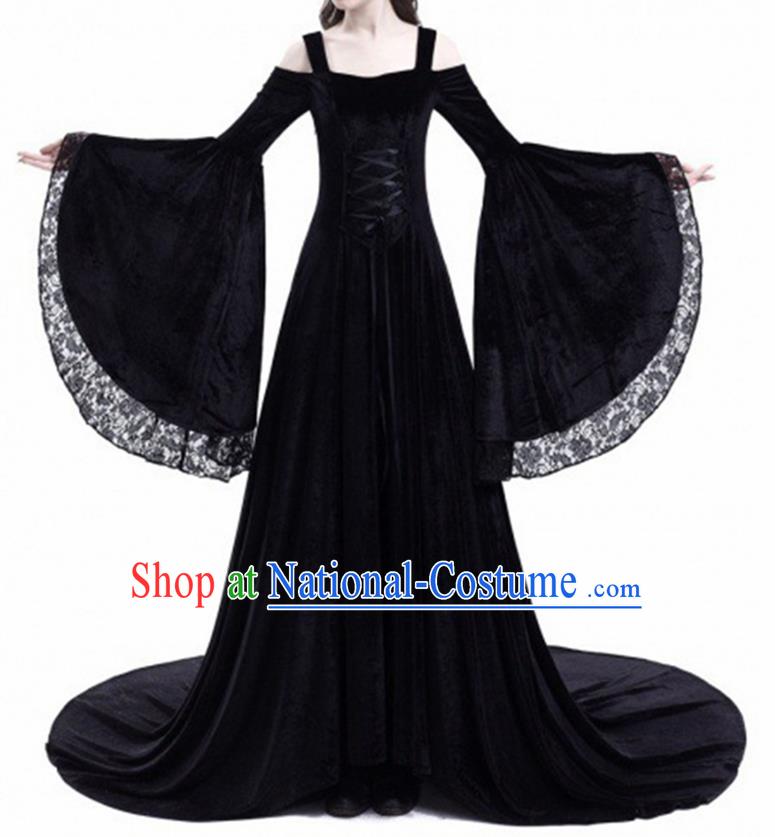 Traditional Europe Middle Ages Court Black Velvet Dress Halloween Cosplay Stage Performance Costume for Women