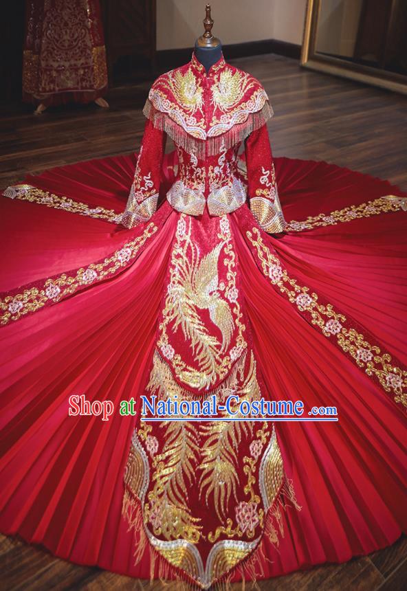 Chinese Traditional Wedding Costumes Ancient Bride Embroidered Red Xiuhe Suit Dress for Women