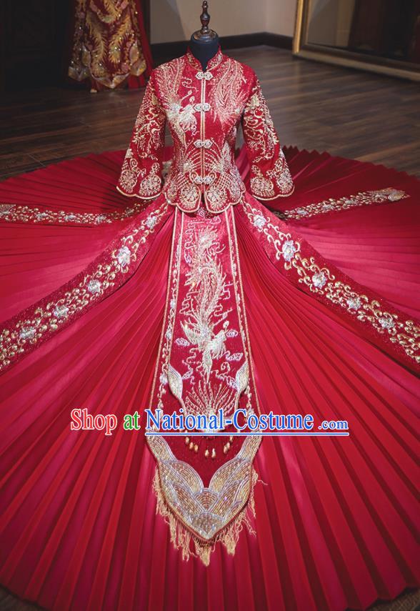 Chinese Traditional Wedding Costumes Toast Red Xiuhe Suit Ancient Bride Full Dress for Women