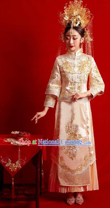 Chinese Traditional Wedding Costumes Toast Golden Xiuhe Suit Ancient Bride Full Dress for Women