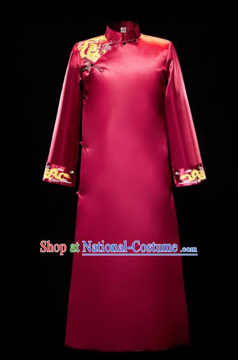 Chinese Traditional Wedding Groomsman Costumes Tang Suit Wine Red Long Gown for Men