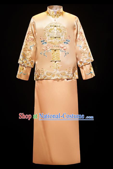 Chinese Traditional Bridegroom Wedding Costumes Tang Suit Embroidered Dragon Golden Mandarin Jacket and Long Gown for Men