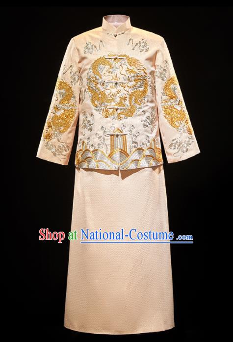 Chinese Traditional Bridegroom Wedding Xiuhe Costumes Tang Suit Embroidered Dragon Golden Mandarin Jacket and Long Gown for Men