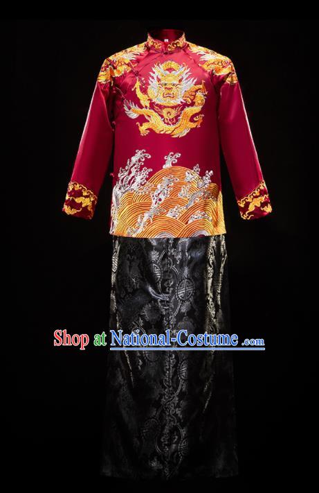 Chinese Traditional Bridegroom Wedding Xiuhe Costumes Tang Suit Embroidered Red Mandarin Jacket and Black Long Gown for Men