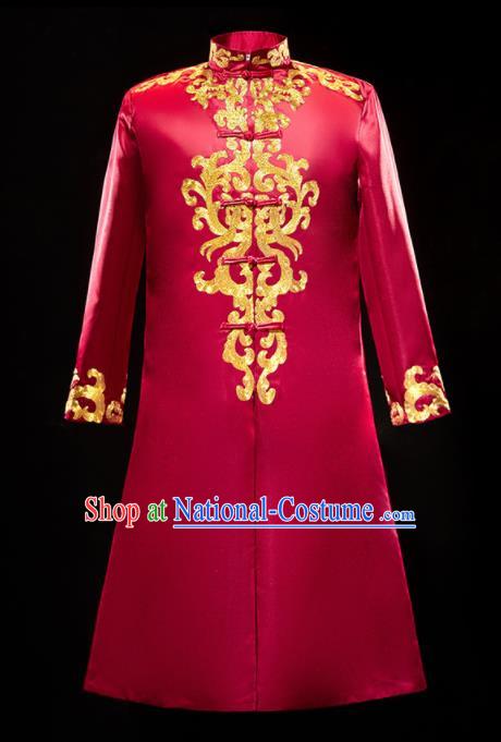 Chinese Traditional Bridegroom Wedding Xiuhe Costumes Tang Suit Embroidered Red Long Mandarin for Men