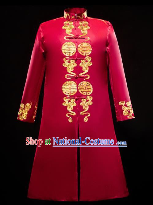 Chinese Traditional Bridegroom Wedding Xiuhe Costumes Tang Suit Embroidered Dragon Red Long Mandarin for Men