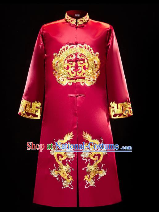 Chinese Traditional Bridegroom Wedding Xiuhe Costumes Tang Suit Embroidered Dragons Red Long Mandarin for Men